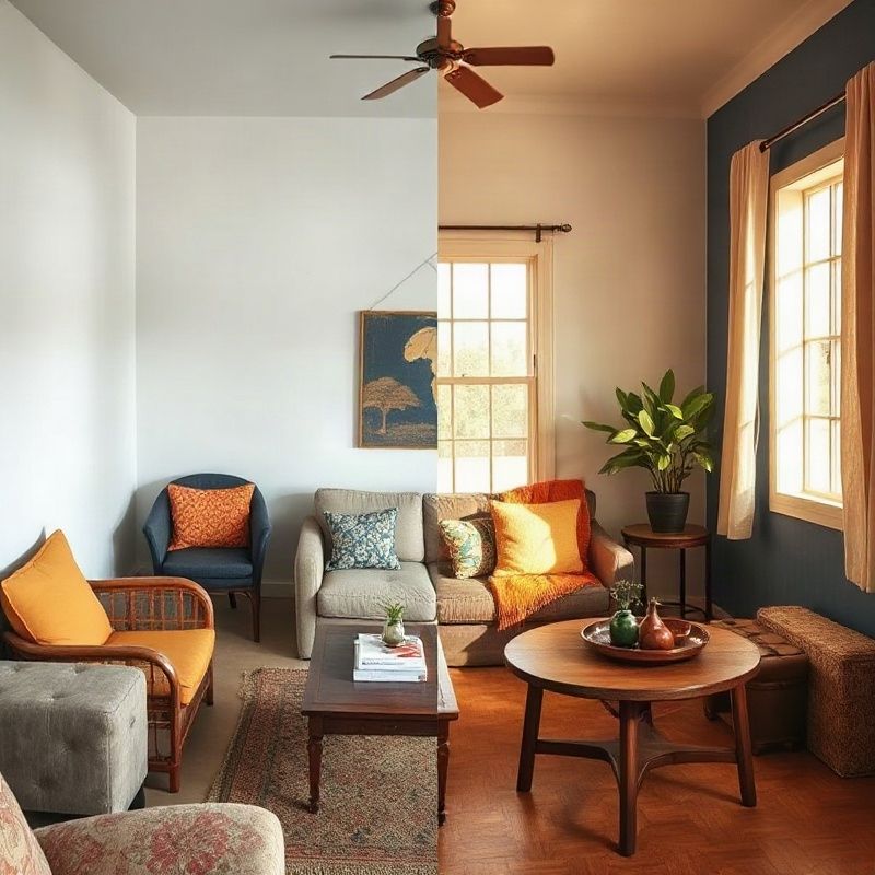 Before-and-after split image of a Kenyan living room with an indigo accent wall, ankara-print cushions, and a potted plant