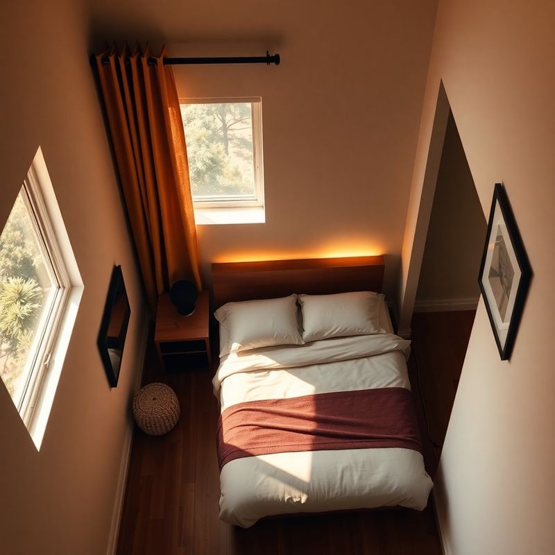 Overhead view of a compact Kenyan apartment bedroom with the bed in a corner configuration and a floating desk