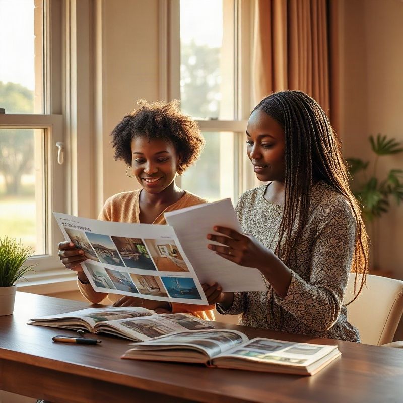 Two Kenyan editors reviewing printed home decor layouts at a wooden desk by a sunlit window