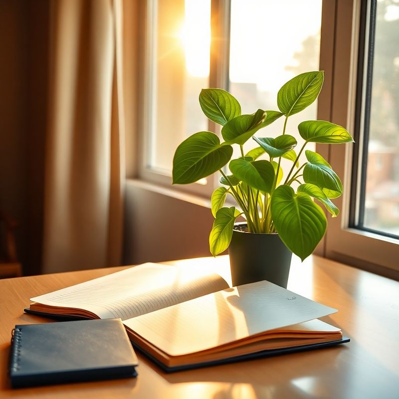 Open notebook and a potted pothos plant on a desk near a sun-lit window in a Kenyan apartment