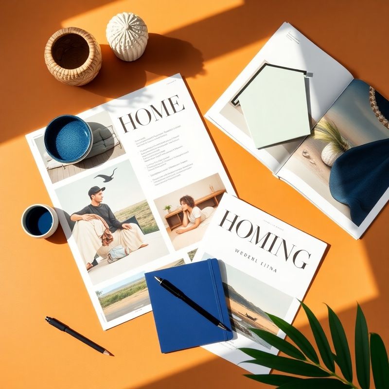 Editorial flat-lay of home living magazines, a notebook, and small decorative objects on a warm ochre surface