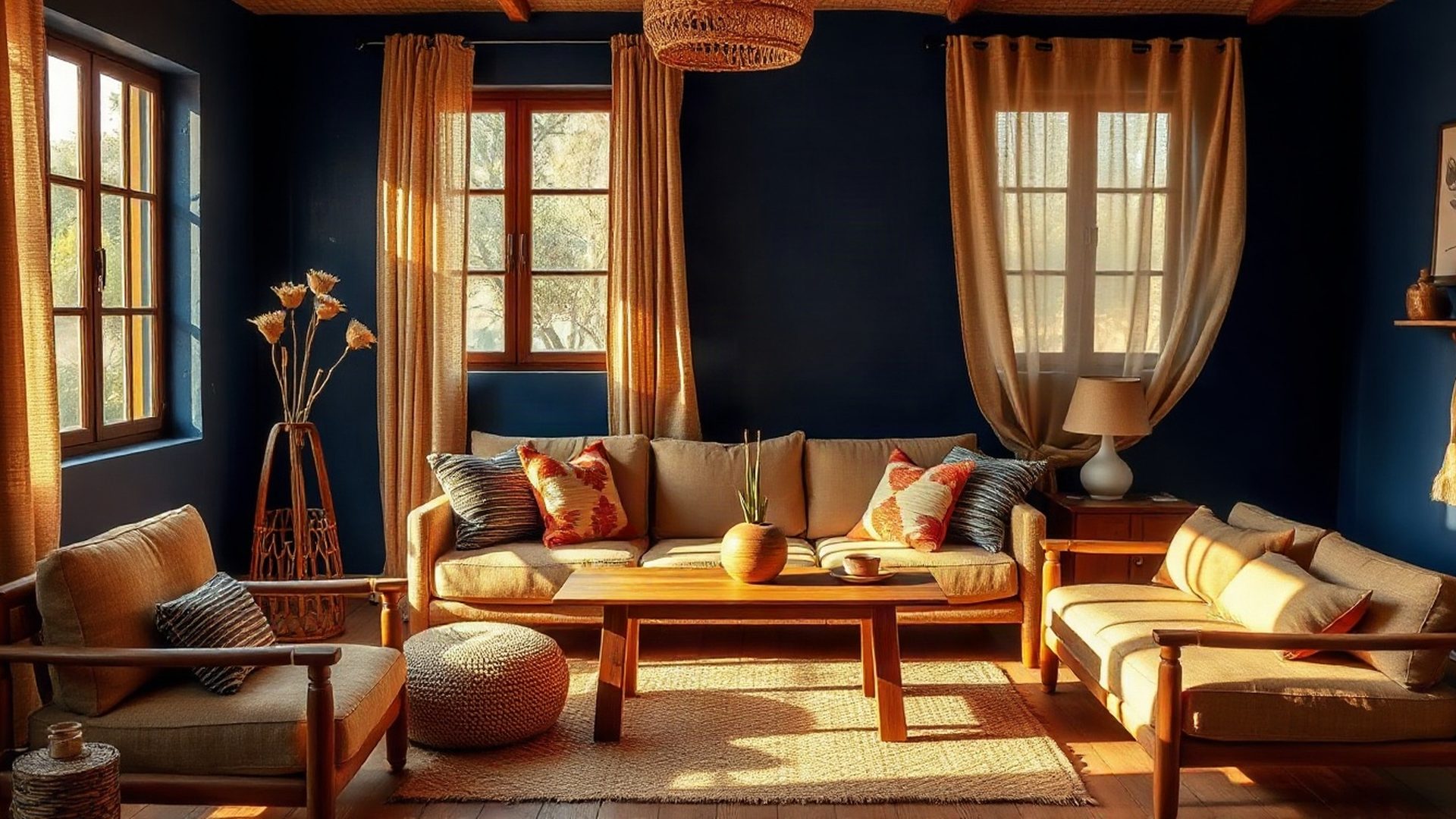 Bright Kenyan living room with an indigo accent wall and warm morning light